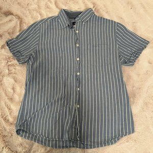 Basic Editions, M, Blue & White, Striped, Flannel Short Sleeve, Button Down